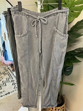 Grey Linen Blend Mineral Wash Jogger Pants M | Coastal Cool Relaxed Linen Pants